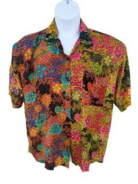Vtg Bali Chic Floral Batik Embellished Bead Pearl Button Down Short Sleeve Top